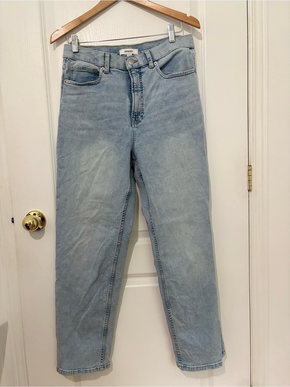 SPANX Light Wash High-Rise Straight Leg Jeans – Size 14